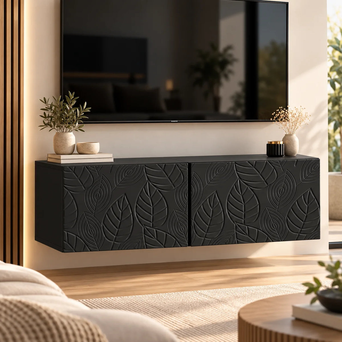 Meuble TV suspendu noir motif feuilles 98 cm